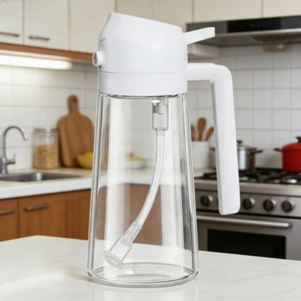 2 in 1 olive oil sprayer and dispenser bottle in a kitchen