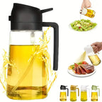 Glass oil dispenser with black lid and handle, shown with olive oil being poured over a salad and onto steak.