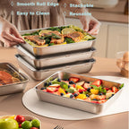 Stainless steel food containers with food on a kitchen counter