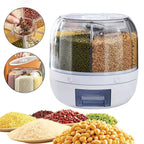 Food storage container with compartments filled with various grains and seeds, surrounded by images of grains.