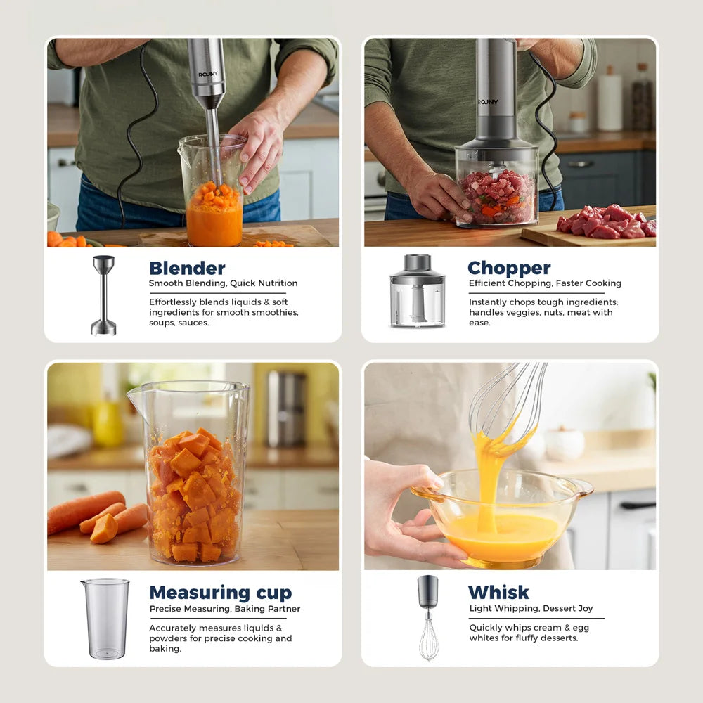 4-in-1 Hand Immersion Blender 1000W Powerful, Stainless Steel Stick Food Mixer