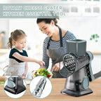 Woman and child using a rotary cheese grater in a kitchen setting