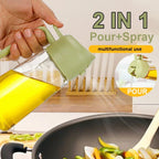 Multifunctional oil sprayer being used to pour oil into a pan with vegetables.