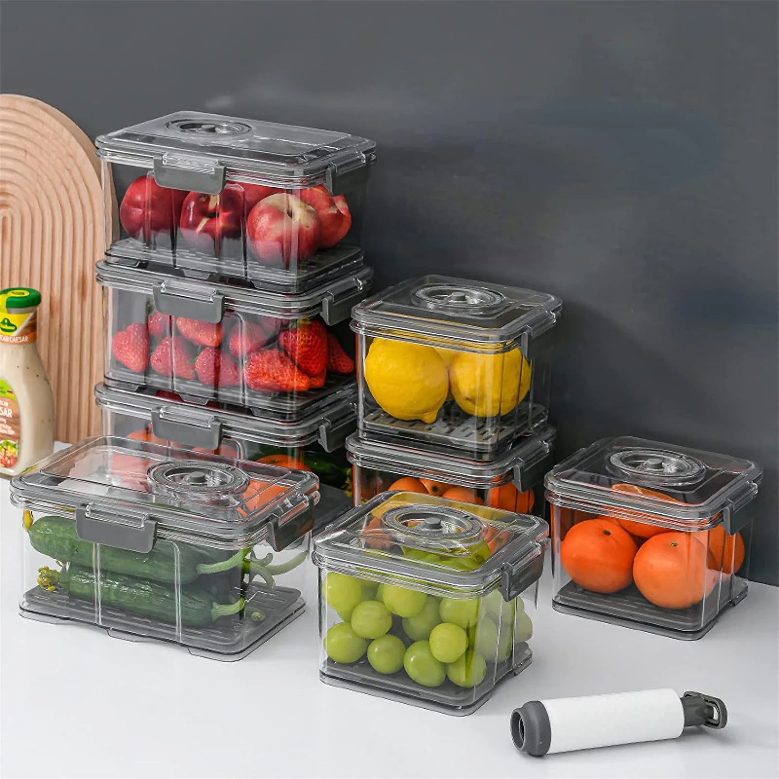 Vacuum Food Storage Container Transparent Fridge Organizer with Drain Net