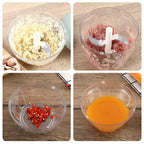 Collage of a manual food processor with different ingredients on a wooden surface