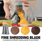 Person using a manual shredder with various food textures displayed on a kitchen counter.
