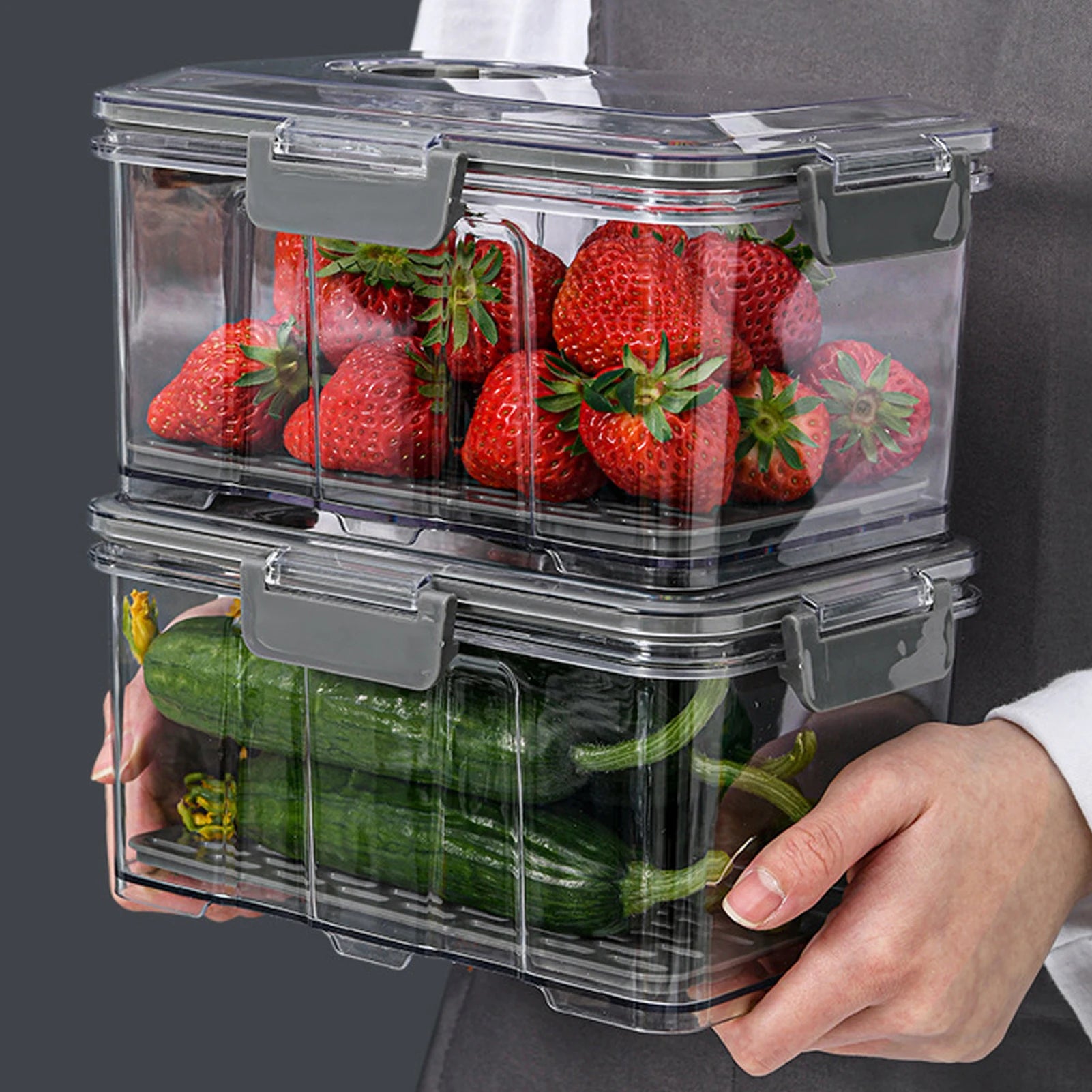 Vacuum Food Storage Container Transparent Fridge Organizer with Drain Net